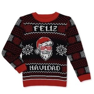 Holiday Time Kids' Feliz Navidad Santa with Sunglasses Christmas Sweater Size 18